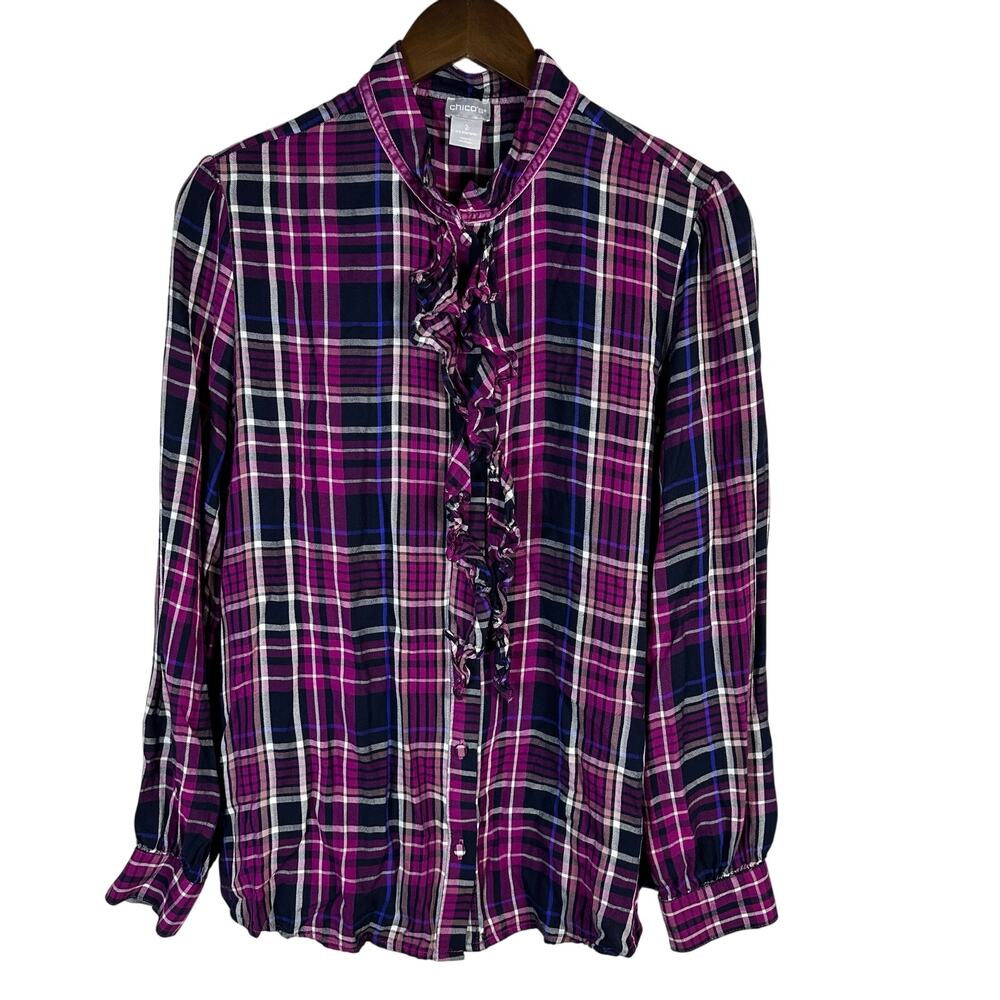 Chicos Pink Purple Plaid Ruffled‎ Button-up Long Sleeve Top L Western Preppy